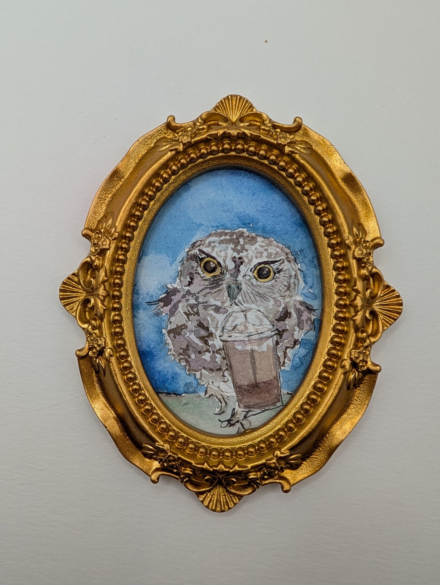 Mini Owl with Frozen Coffee Painting - Original Watercolor Art by Lora Cavallin