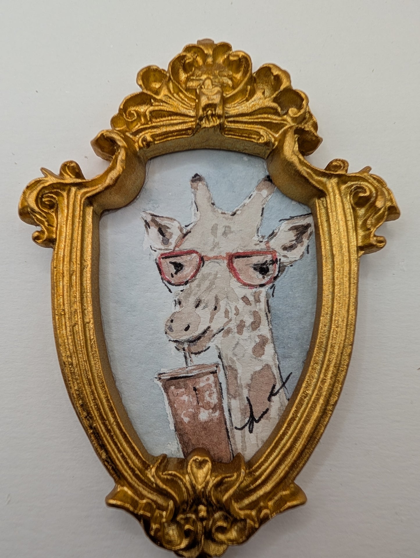Mini Giraffe with Glasses and Drink Painting - Original Watercolor Art by Lora Cavallin
