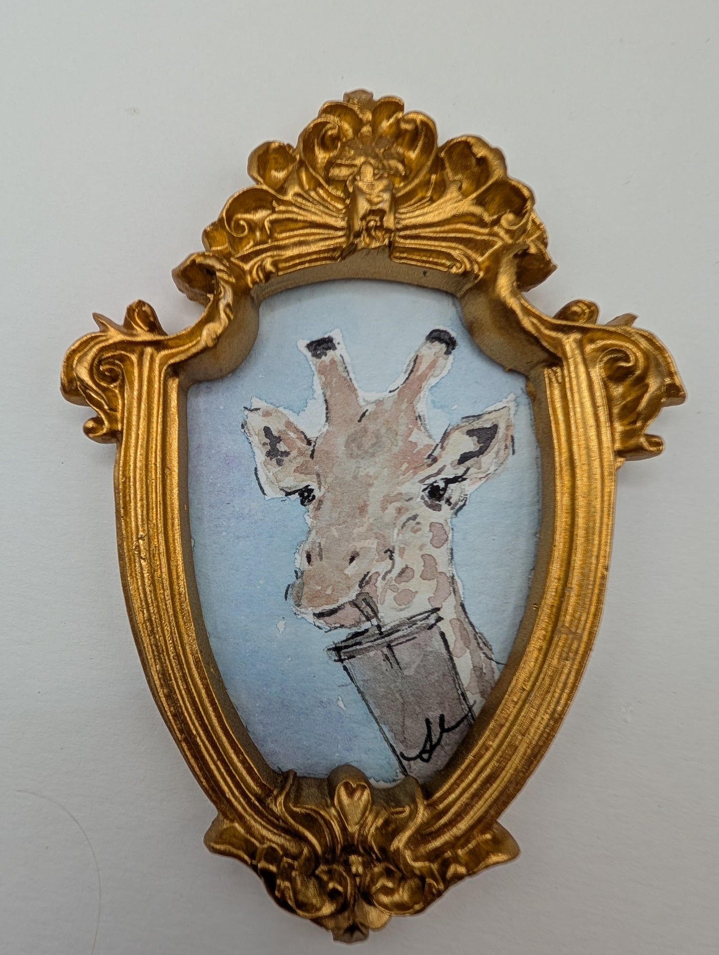 Mini Giraffe with Drink Painting - Original Watercolor Art by Lora Cavallin