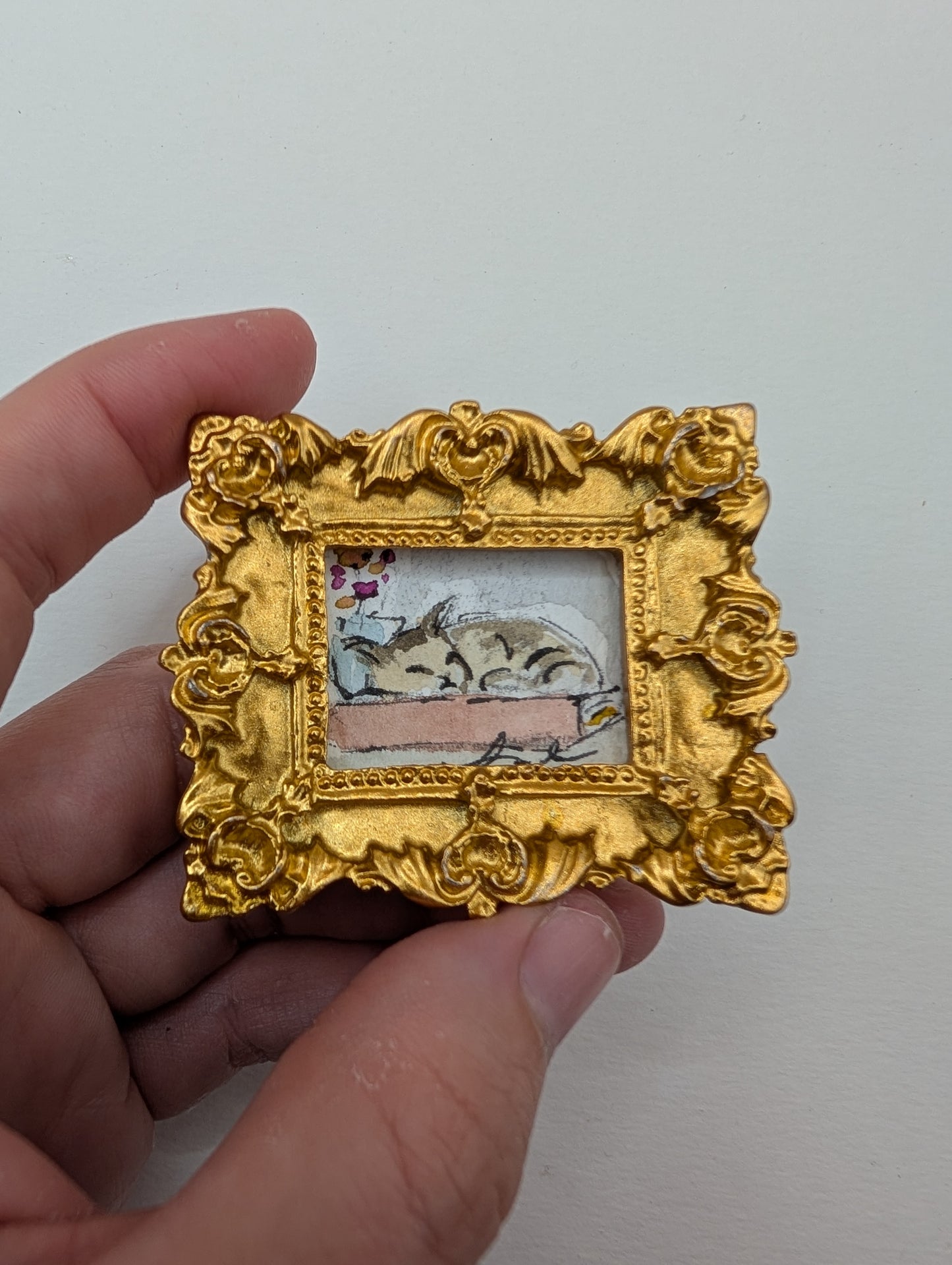 Mini Sleeping Cat Painting - Original Watercolor Art by Lora Cavallin