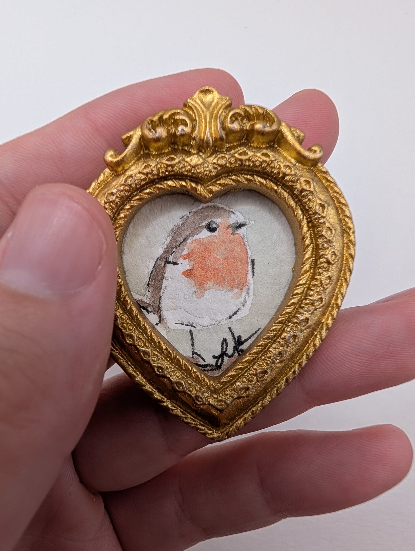 Mini Robin Bird in Heart Frame Painting - Original Watercolor Art by Lora Cavallin