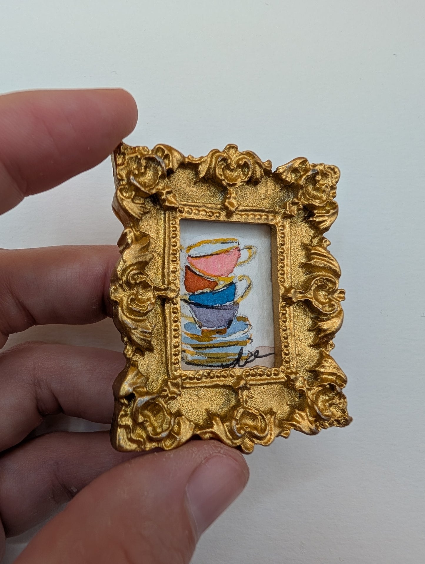 Mini Stack of Teacups Painting - Original Watercolor Art by Lora Cavallin