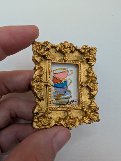Mini Stack of Teacups Painting - Original Watercolor Art by Lora Cavallin