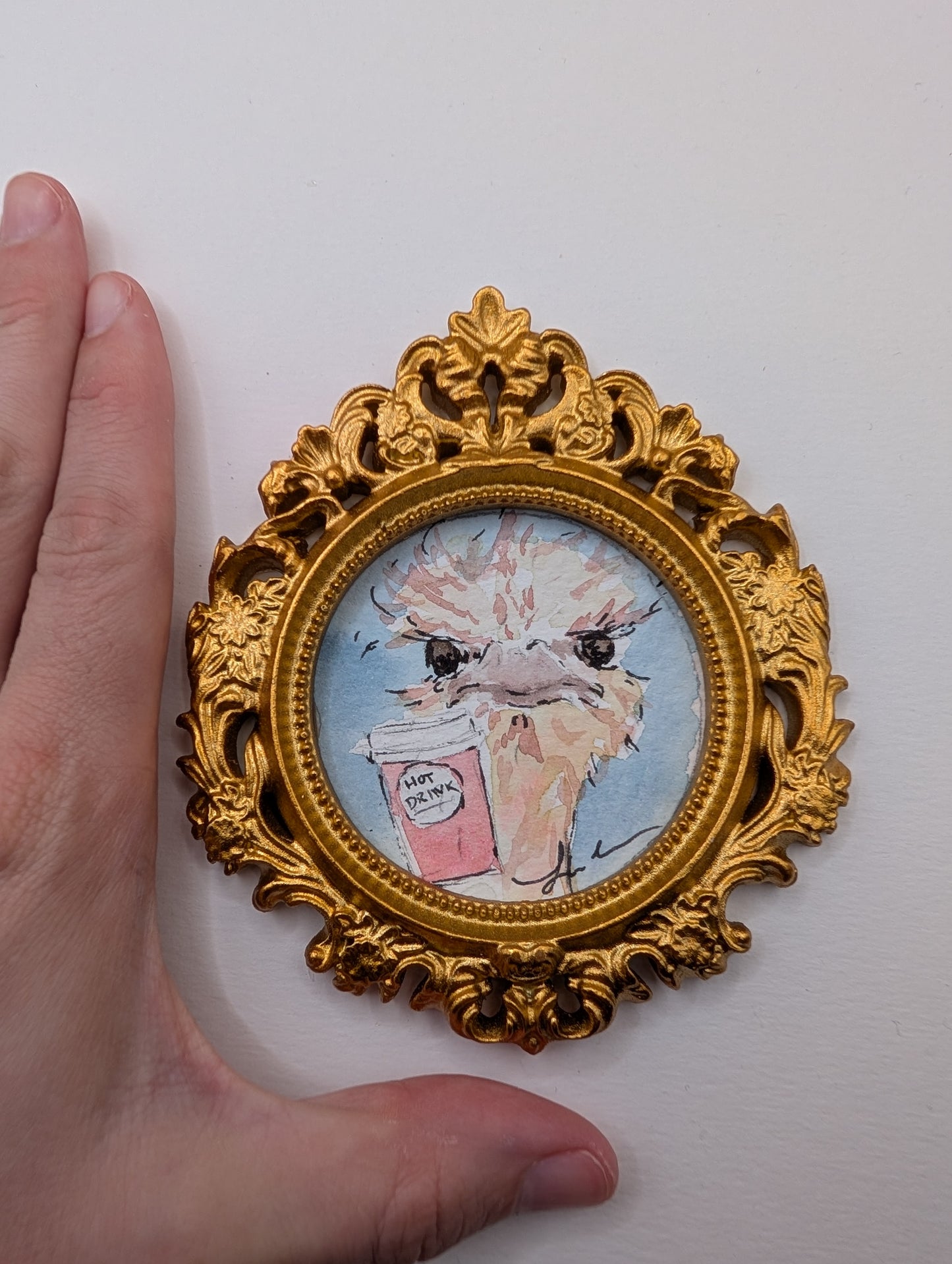 Mini Ostrich with Coffee Painting - Original Watercolor Art by Lora Cavallin