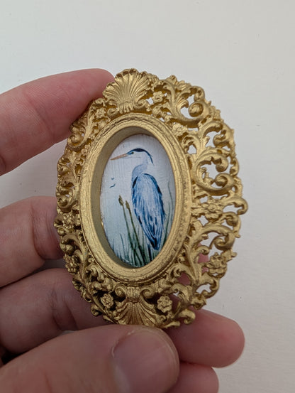 Tiny Blue Heron Watercolor Art Print - Dollhouse Size - With Gold Frame