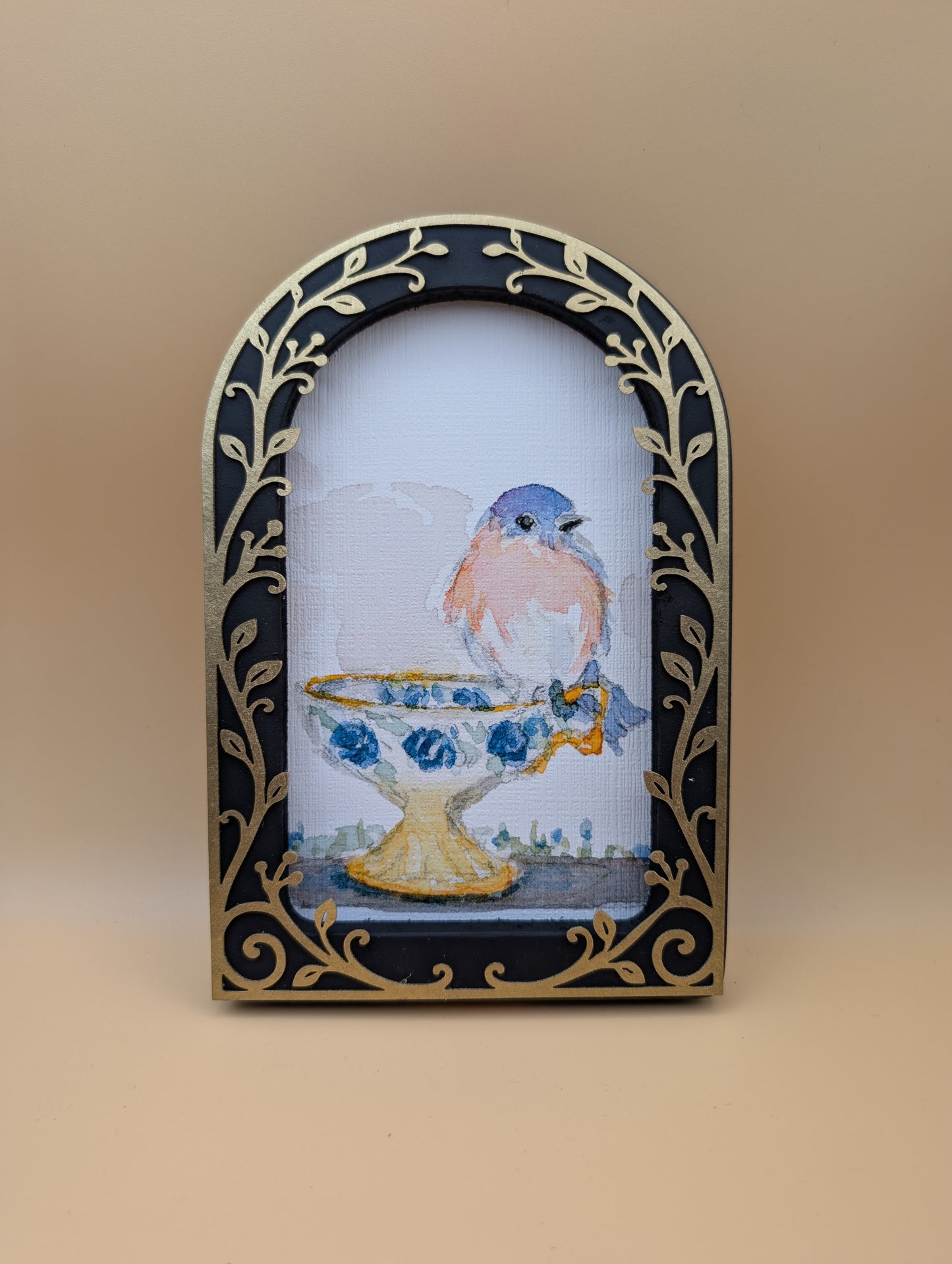 Loose Watercolor Bluebird on Teacup Print - Arched Framed Print