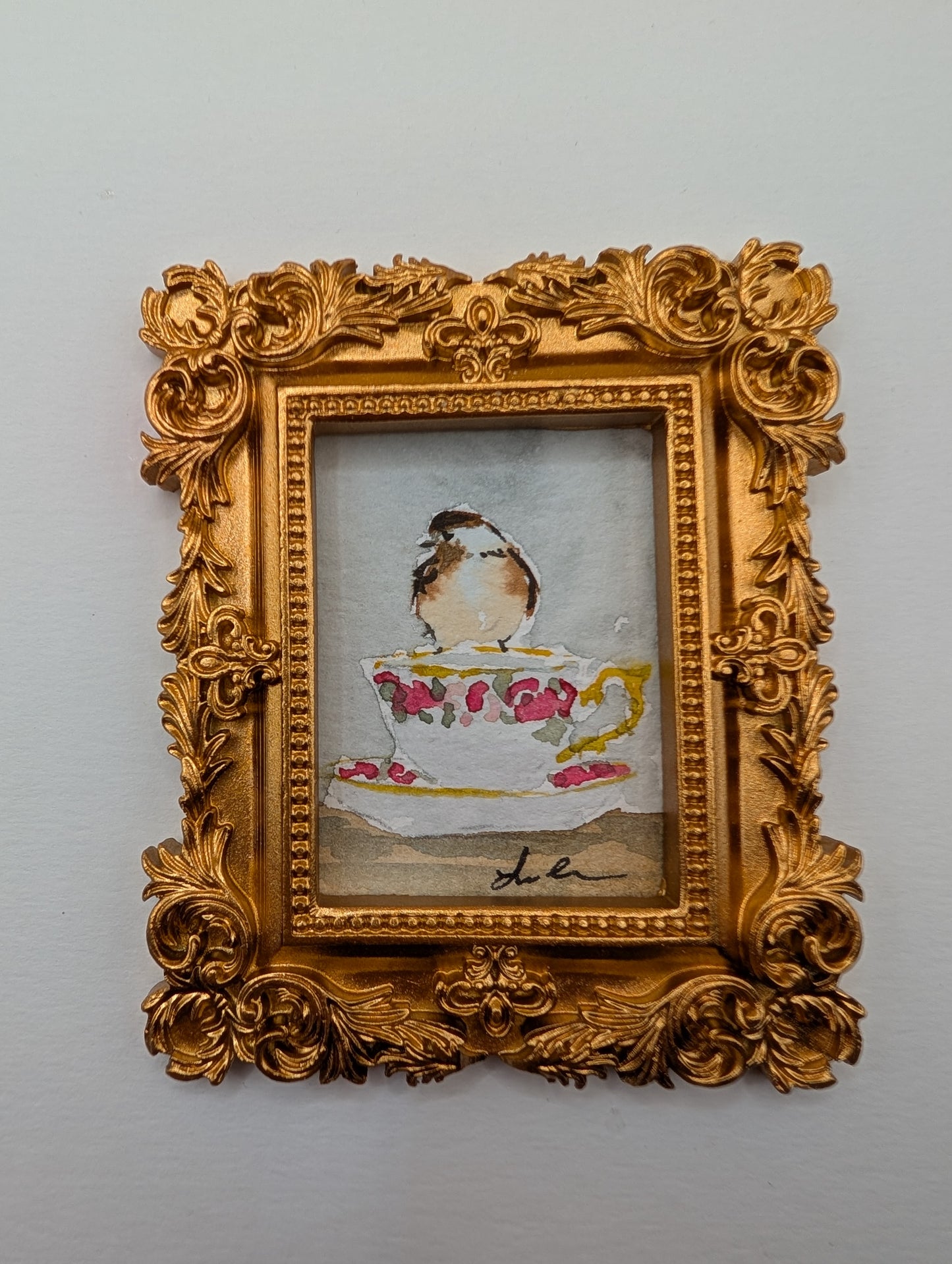 Mini Chickadee Bird on Teacup Painting - Original Watercolor Art by Lora Cavallin