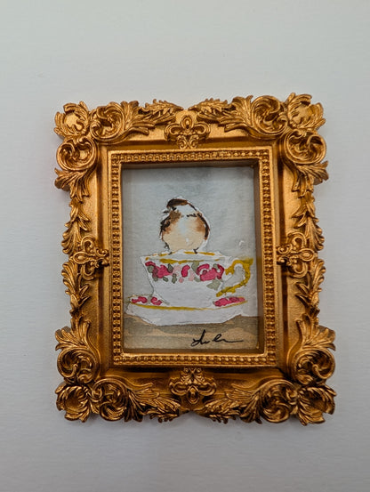 Mini Chickadee Bird on Teacup Painting - Original Watercolor Art by Lora Cavallin