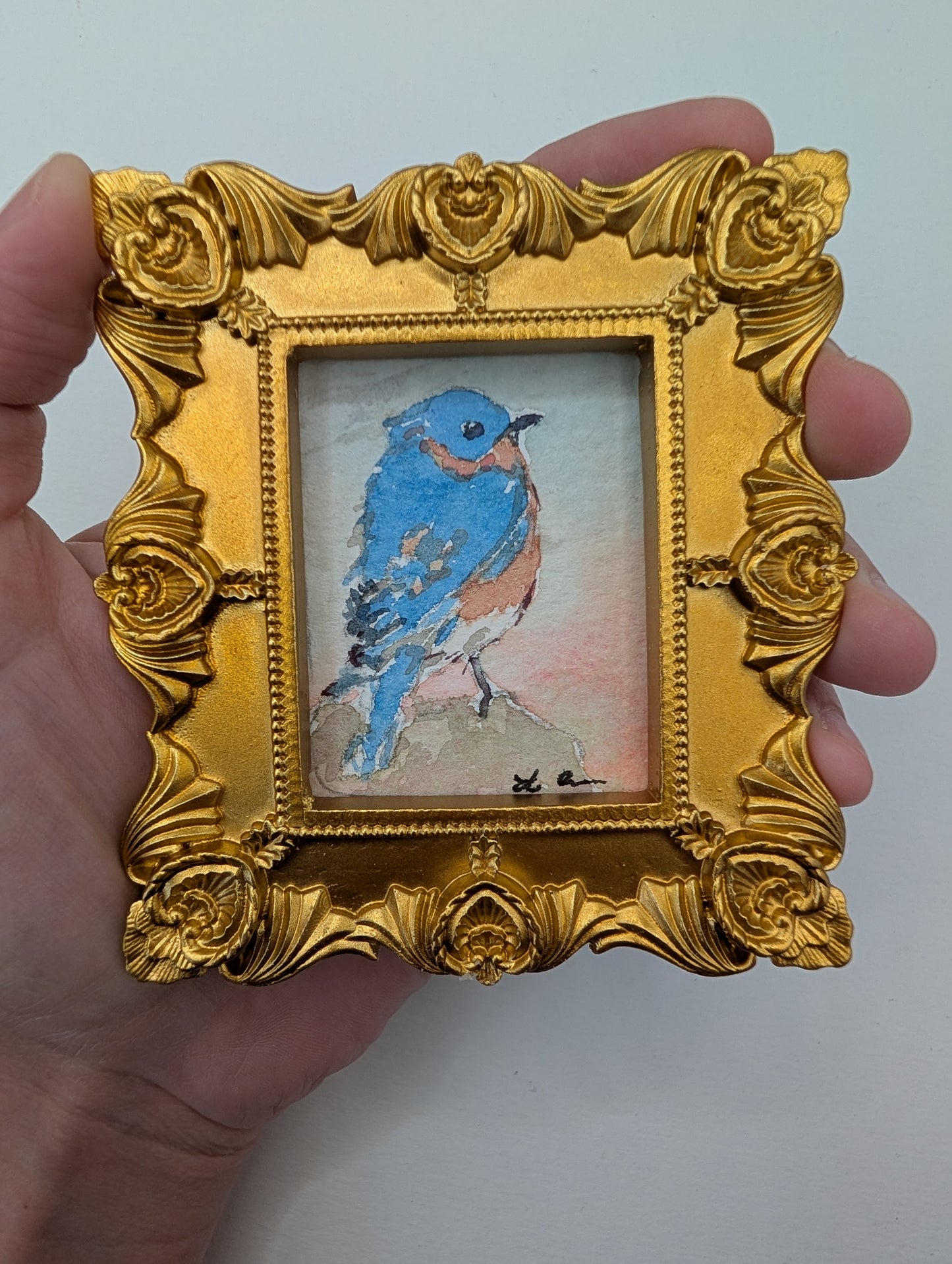 Mini Bluebird Painting - Original Watercolor Art by Lora Cavallin