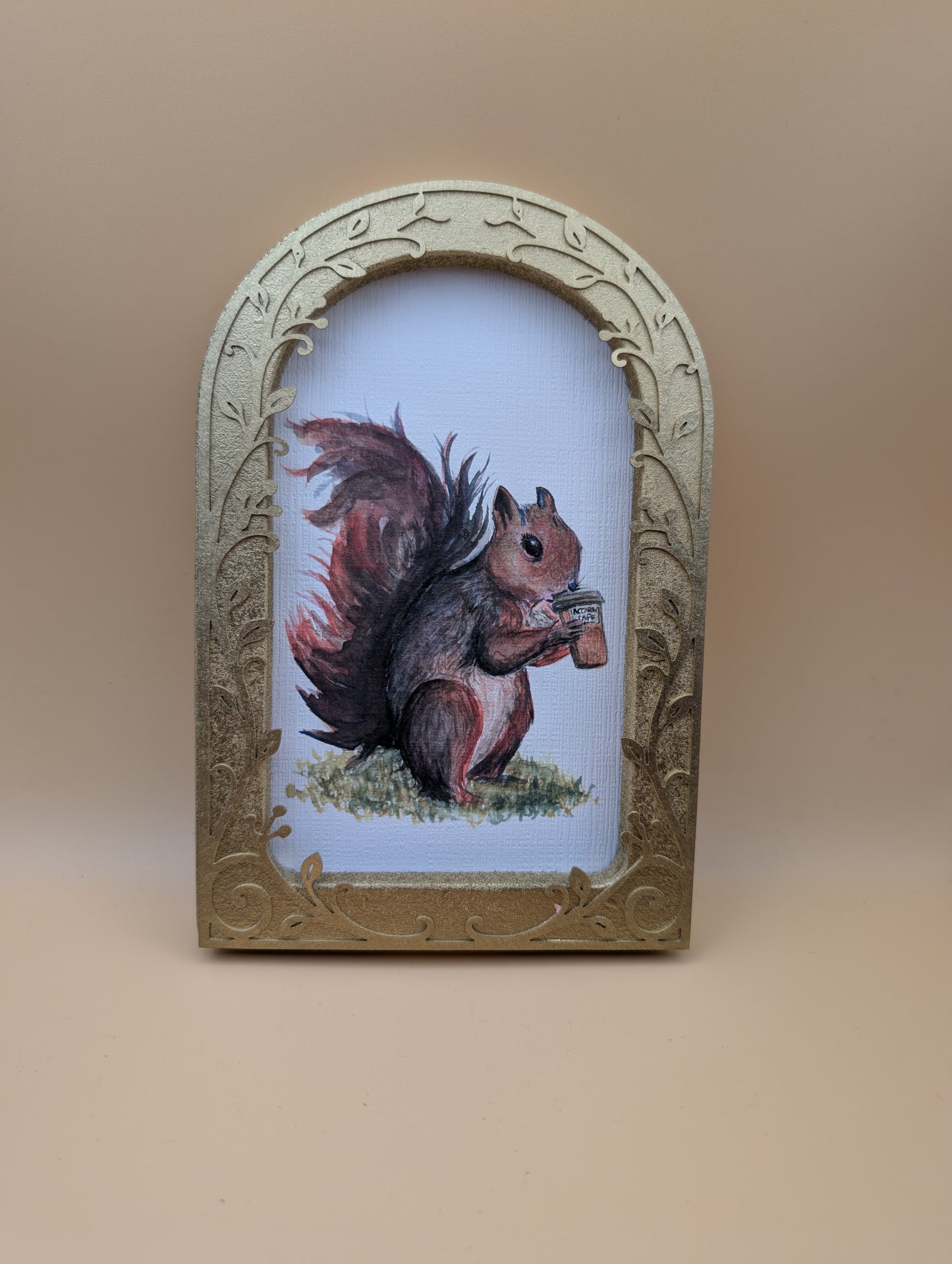 Squirrel Drinking Coffee Print - Arched Framed Print