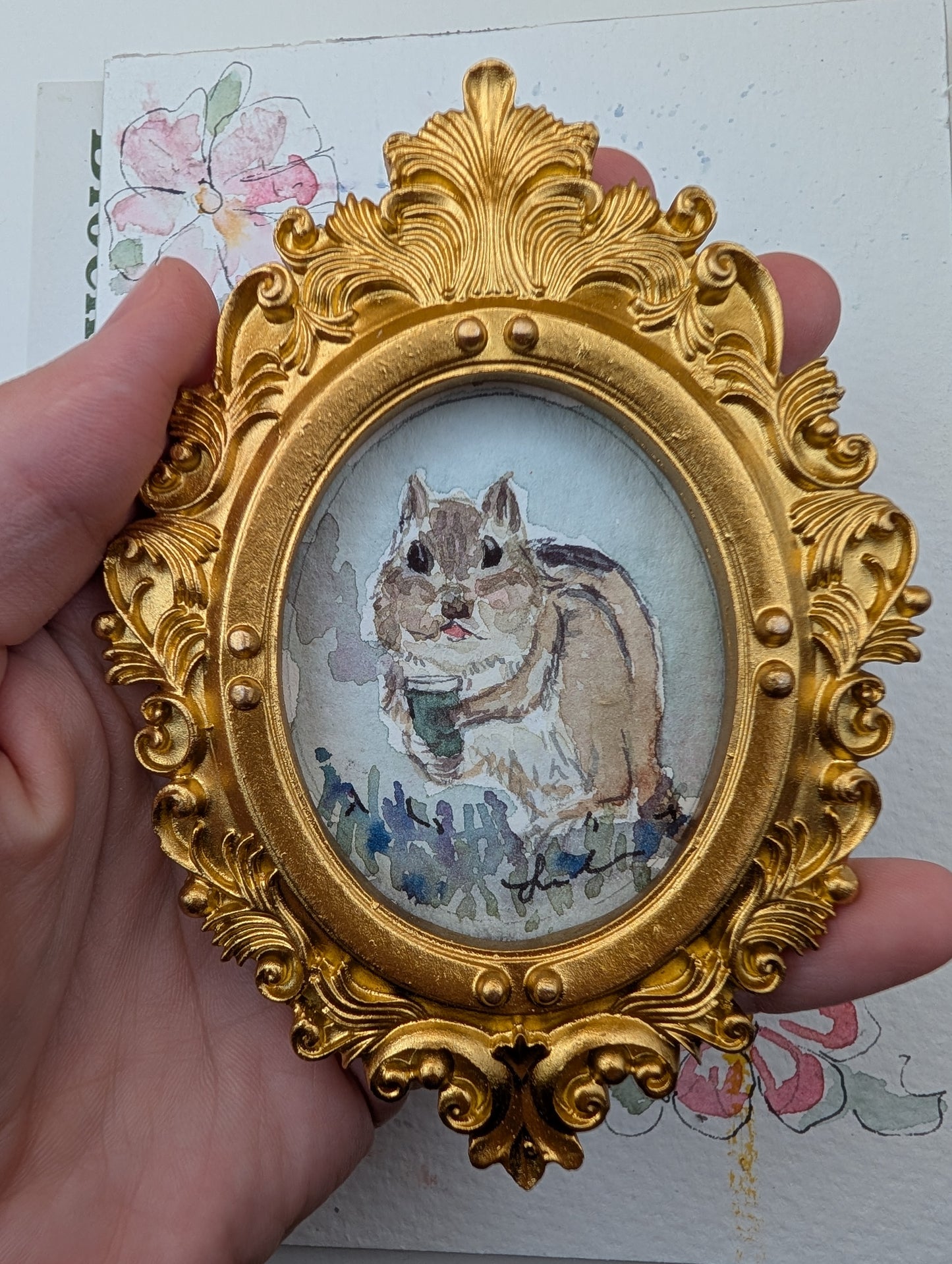 Mini Chipmunk with Coffee Painting - Original Watercolor Art by Lora Cavallin