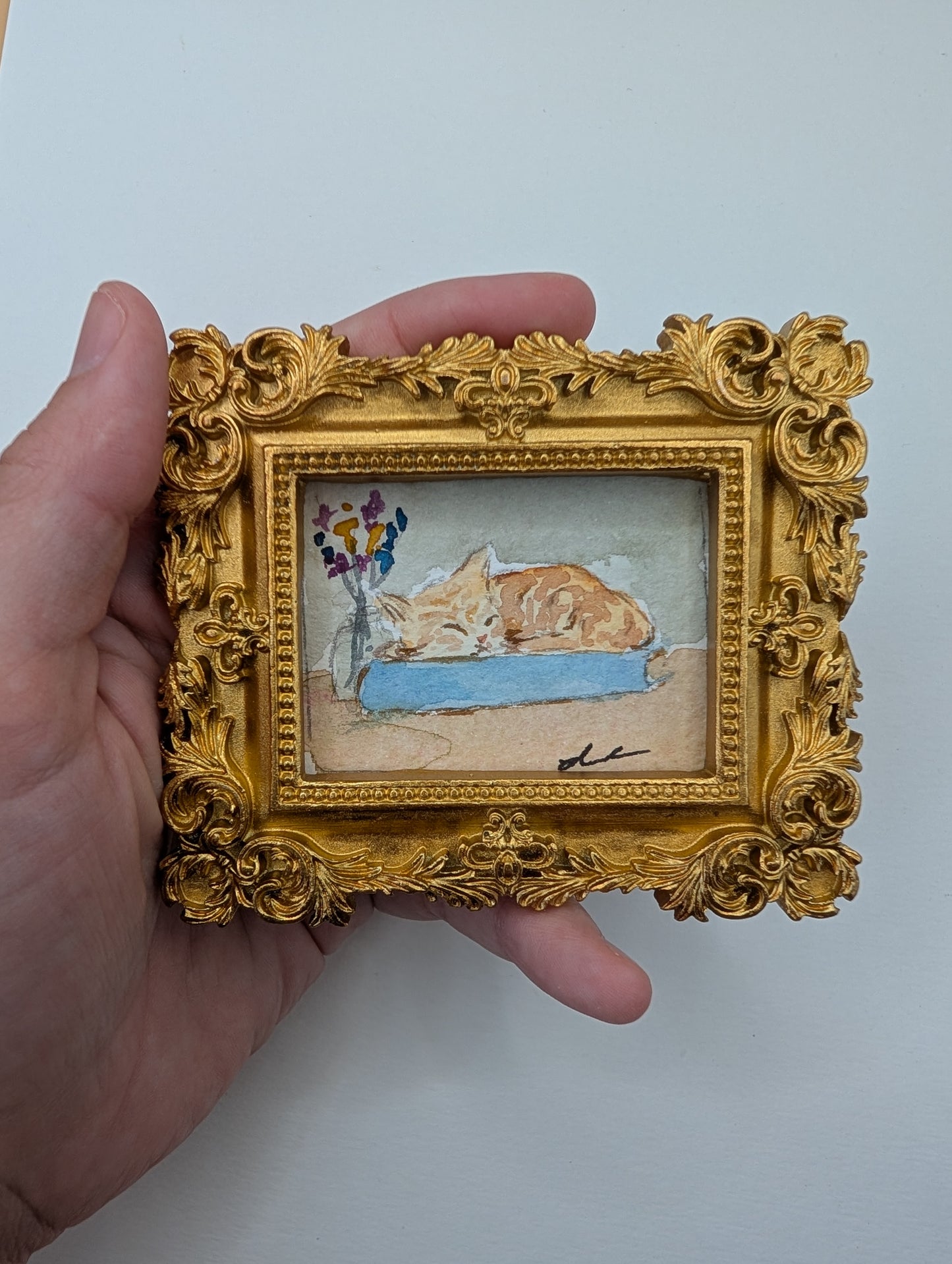 Mini Sleeping Cat Painting - Original Watercolor Art by Lora Cavallin