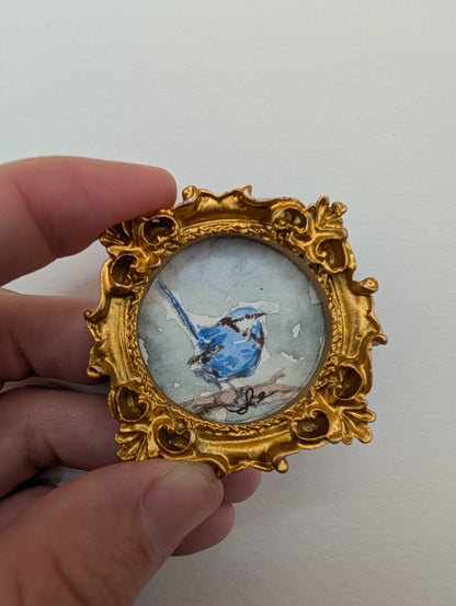 Mini Blue Fairy Wren Painting - Original Watercolor Art by Lora Cavallin