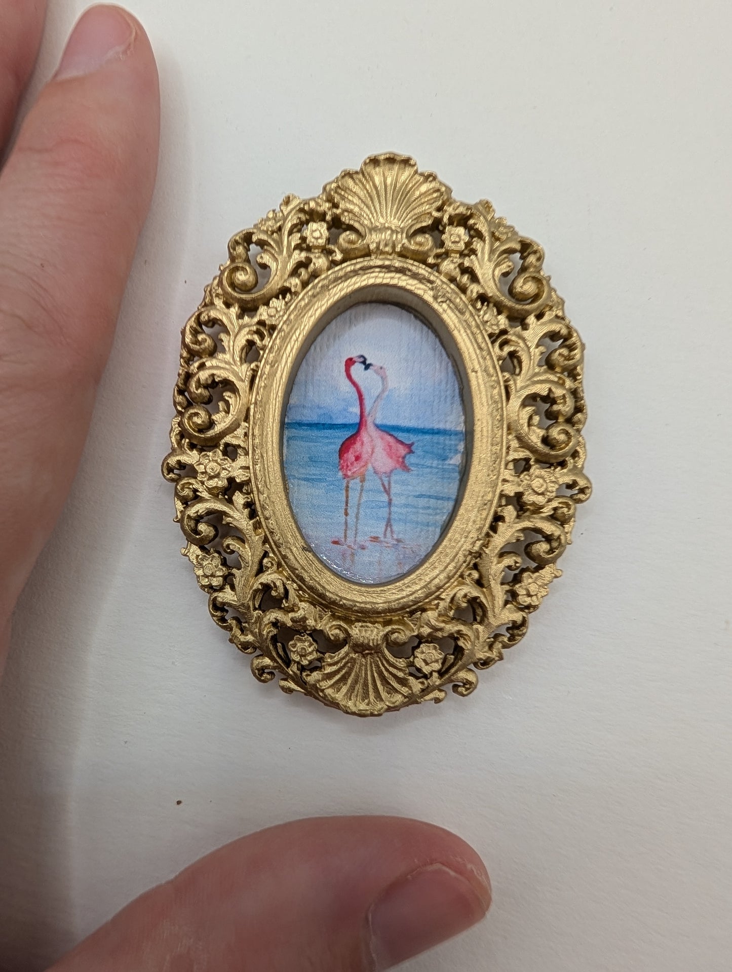 Tiny Flamingos in Love Watercolor Art Print - Dollhouse Size - With Gold Frame