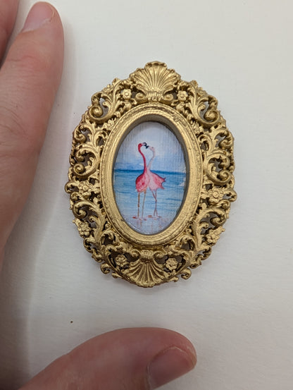 Tiny Flamingos in Love Watercolor Art Print - Dollhouse Size - With Gold Frame
