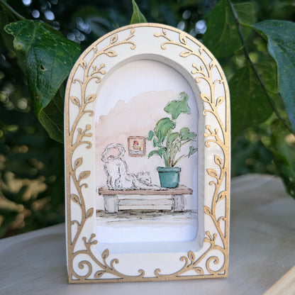Cat Stretching on Bench - Ornate Arch Frame