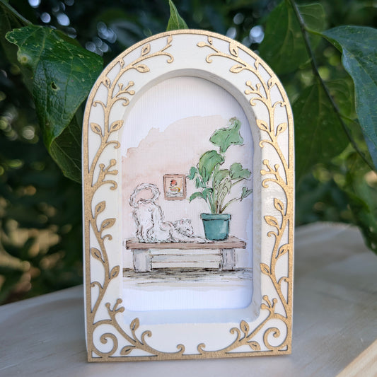 Cat Stretching on Bench - Ornate Arch Frame