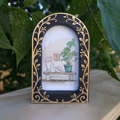 Cat Stretching on Bench - Ornate Arch Frame